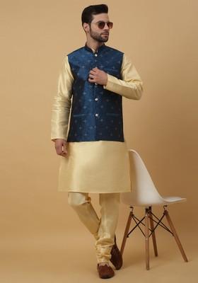 Beige And Blue Embroidered Silk Blend Nehru Jacket Set For Men