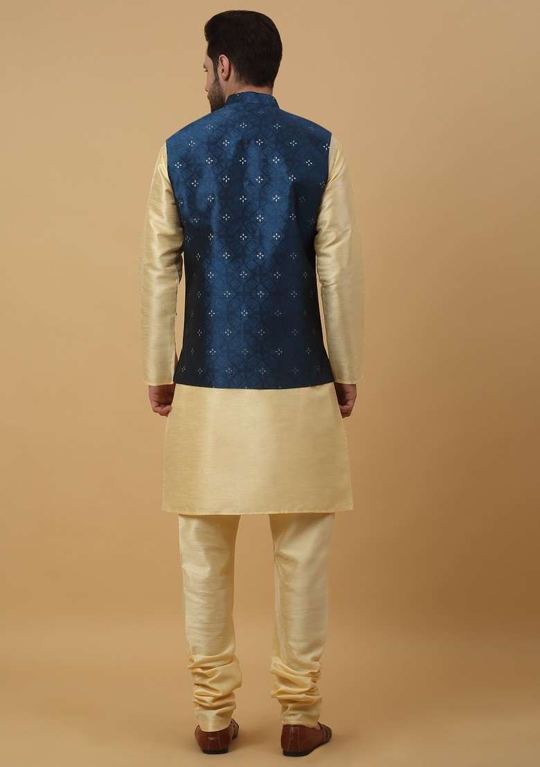 Beige And Blue Embroidered Silk Blend Nehru Jacket Set For Men - Indya