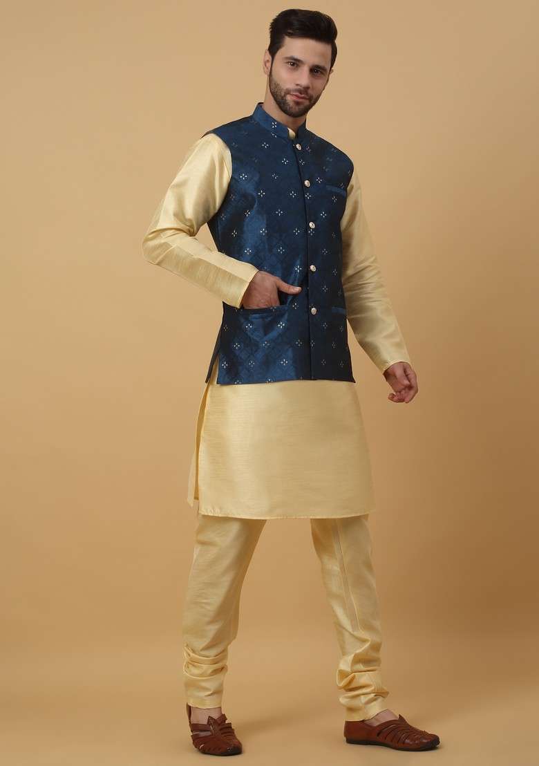 Beige And Blue Embroidered Silk Blend Nehru Jacket Set For Men - Indya