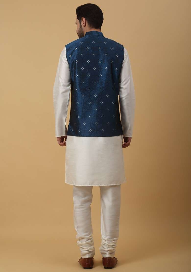 Cream And Blue Embroidered Silk Blend Nehru Jacket Set For Men - Indya