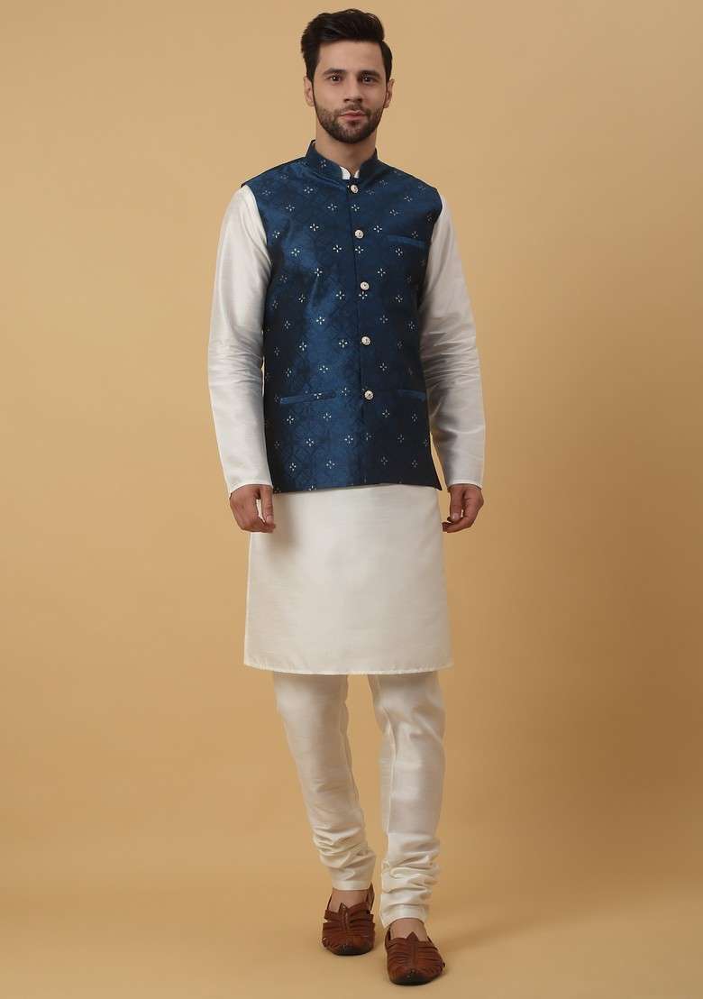Cream And Blue Embroidered Silk Blend Nehru Jacket Set For Men - Indya