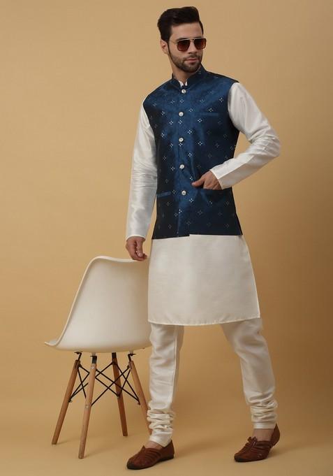 Cream And Blue Embroidered Silk Blend Nehru Jacket Set For Men