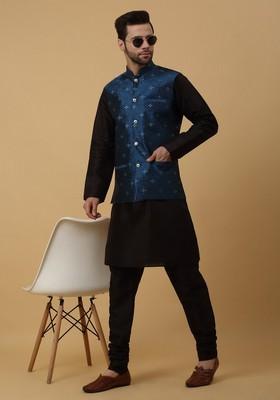 Black And Blue Embroidered Silk Blend Nehru Jacket Set For Men