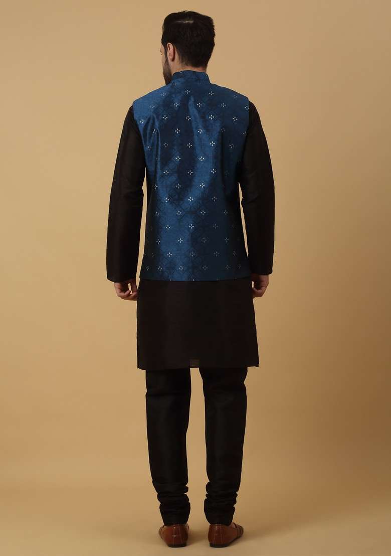 Black And Blue Embroidered Silk Blend Nehru Jacket Set For Men - Indya