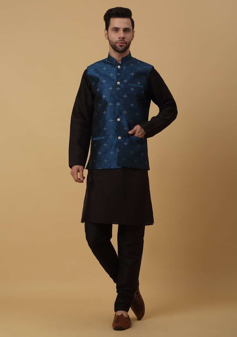 Black And Blue Embroidered Silk Blend Nehru Jacket Set For Men - Indya