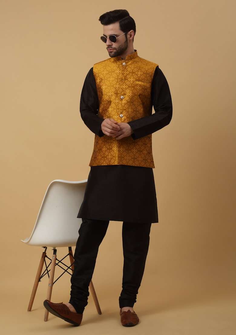 Black And Mustard Embroidered Silk Blend Nehru Jacket Set For Men - Indya