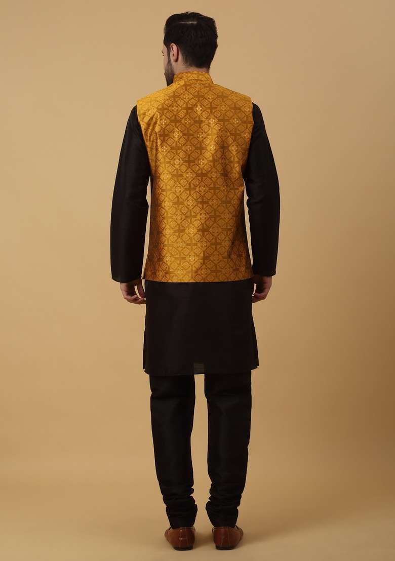 Black And Mustard Embroidered Silk Blend Nehru Jacket Set For Men - Indya