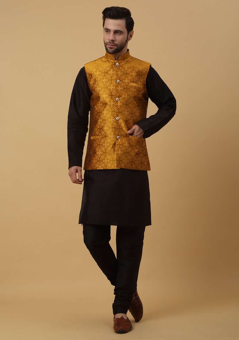 Black And Mustard Embroidered Silk Blend Nehru Jacket Set For Men - Indya