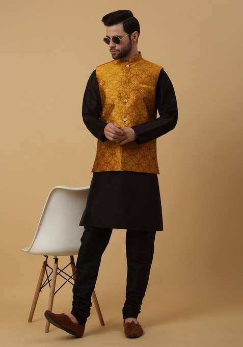 Black And Mustard Embroidered Silk Blend Nehru Jacket Set For Men