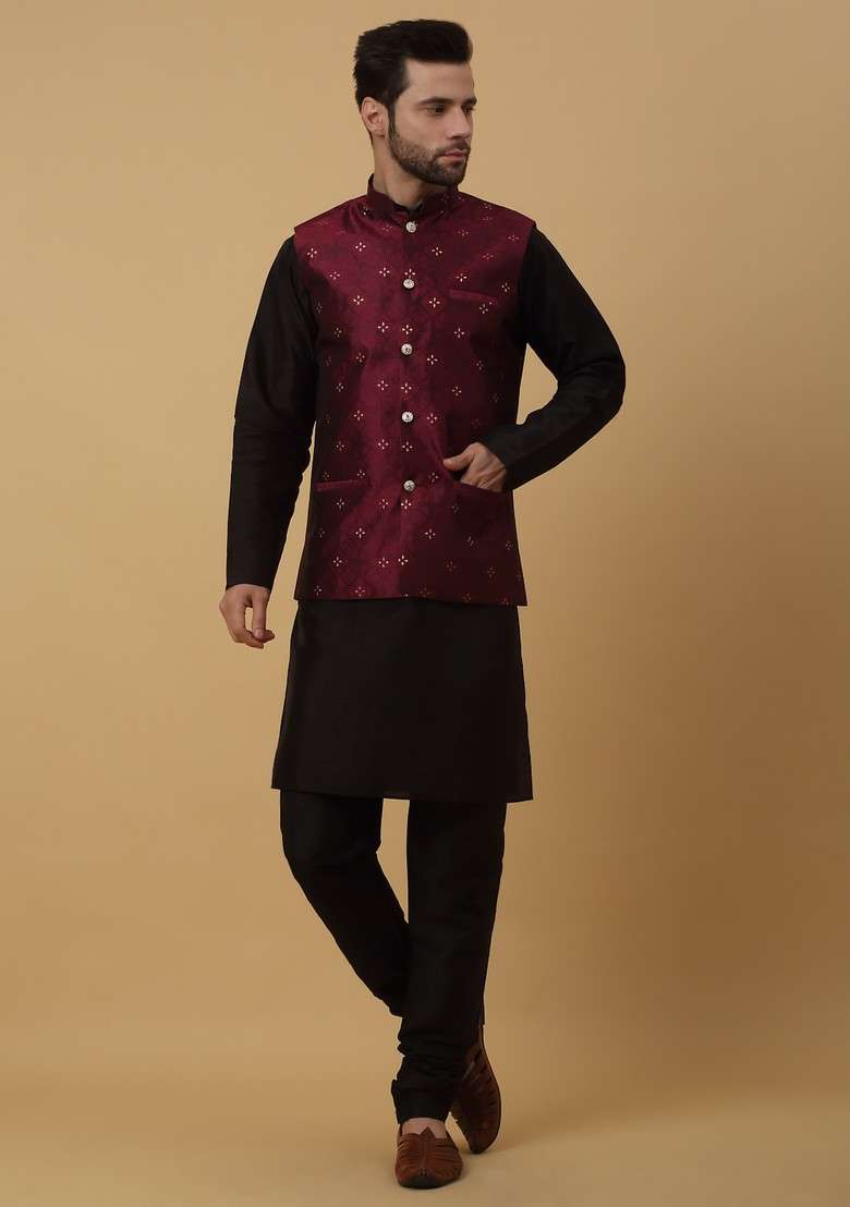 Black And Wine Embroidered Silk Blend Nehru Jacket Set For Men - Indya