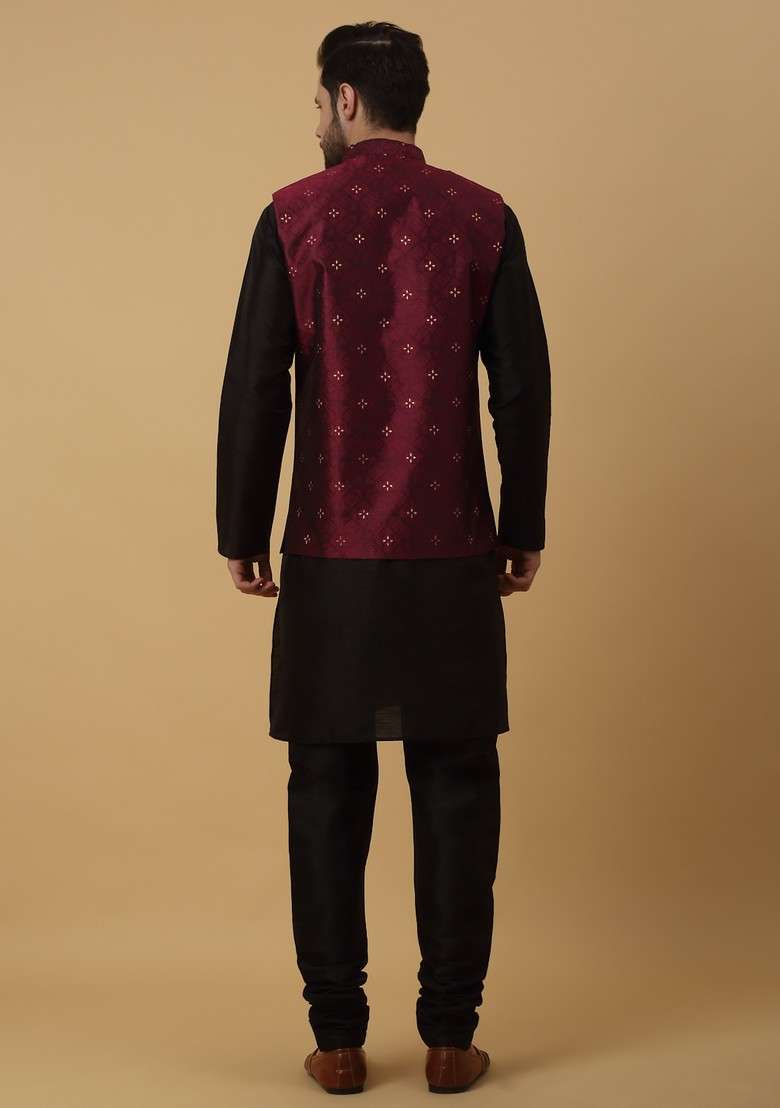 Black And Wine Embroidered Silk Blend Nehru Jacket Set For Men - Indya