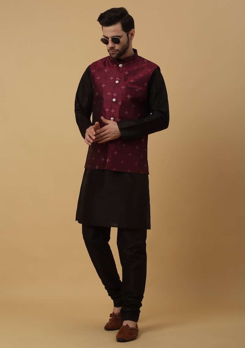 Black And Wine Embroidered Silk Blend Nehru Jacket Set For Men - Indya