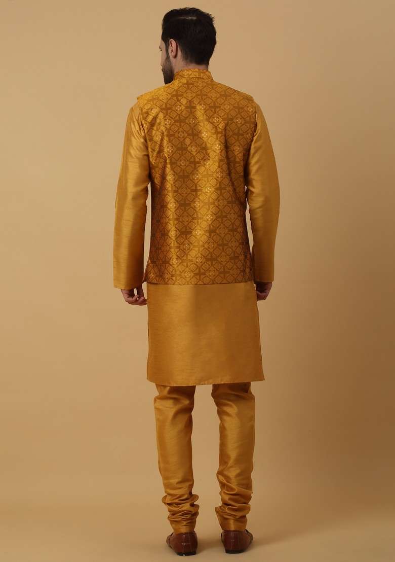 Mustard Yellow Embroidered Silk Blend Nehru Jacket Set For Men - Indya