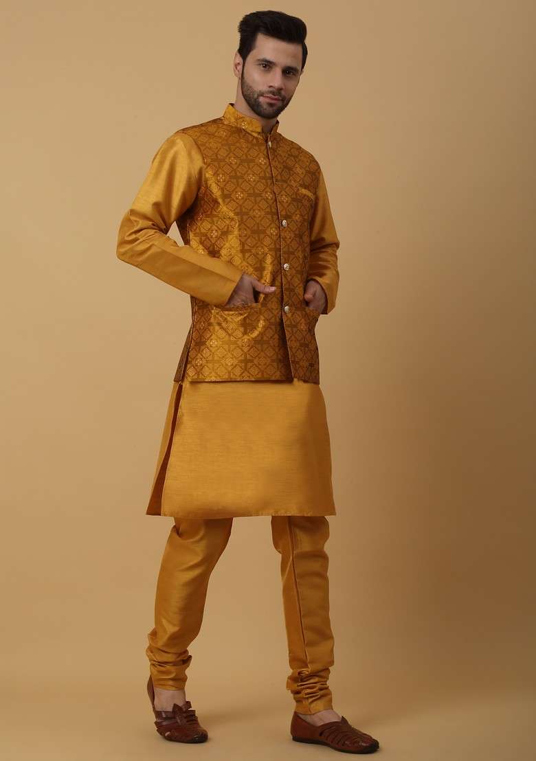Mustard Yellow Embroidered Silk Blend Nehru Jacket Set For Men - Indya