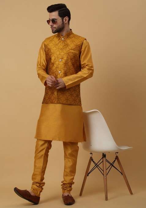 Mustard Yellow Embroidered Silk Blend Nehru Jacket Set For Men