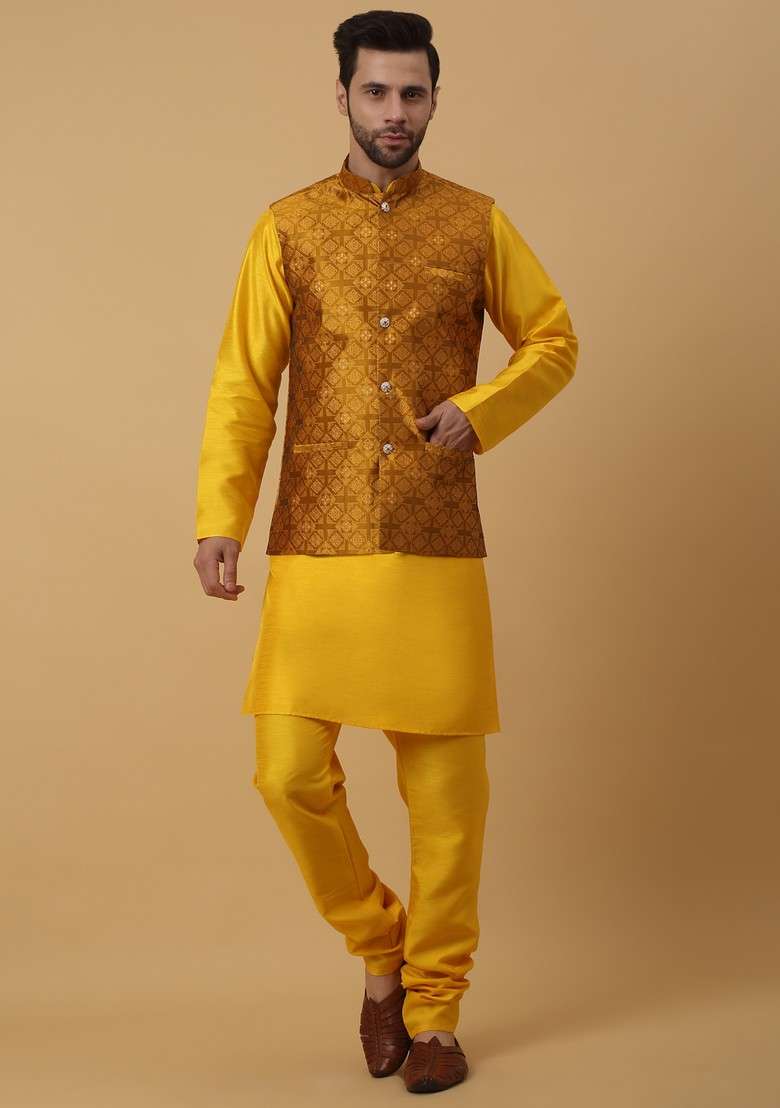 Mustard Yellow Embroidered Silk Blend Nehru Jacket Set For Men - Indya