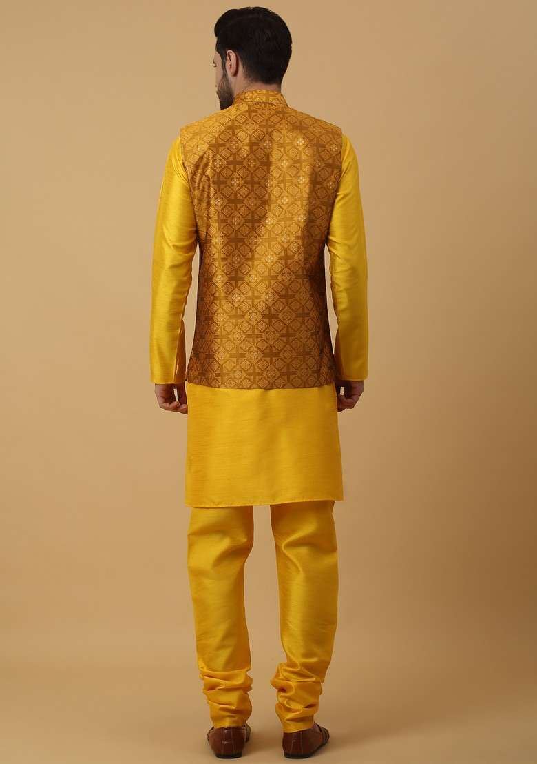 Mustard Yellow Embroidered Silk Blend Nehru Jacket Set For Men - Indya