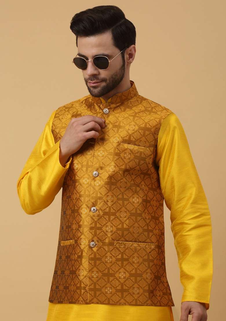 Mustard Yellow Embroidered Silk Blend Nehru Jacket Set For Men - Indya