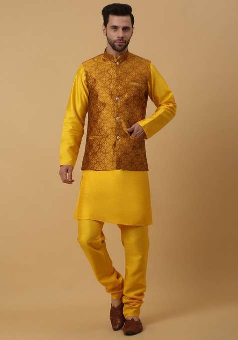 Mustard Yellow Embroidered Silk Blend Nehru Jacket Set For Men