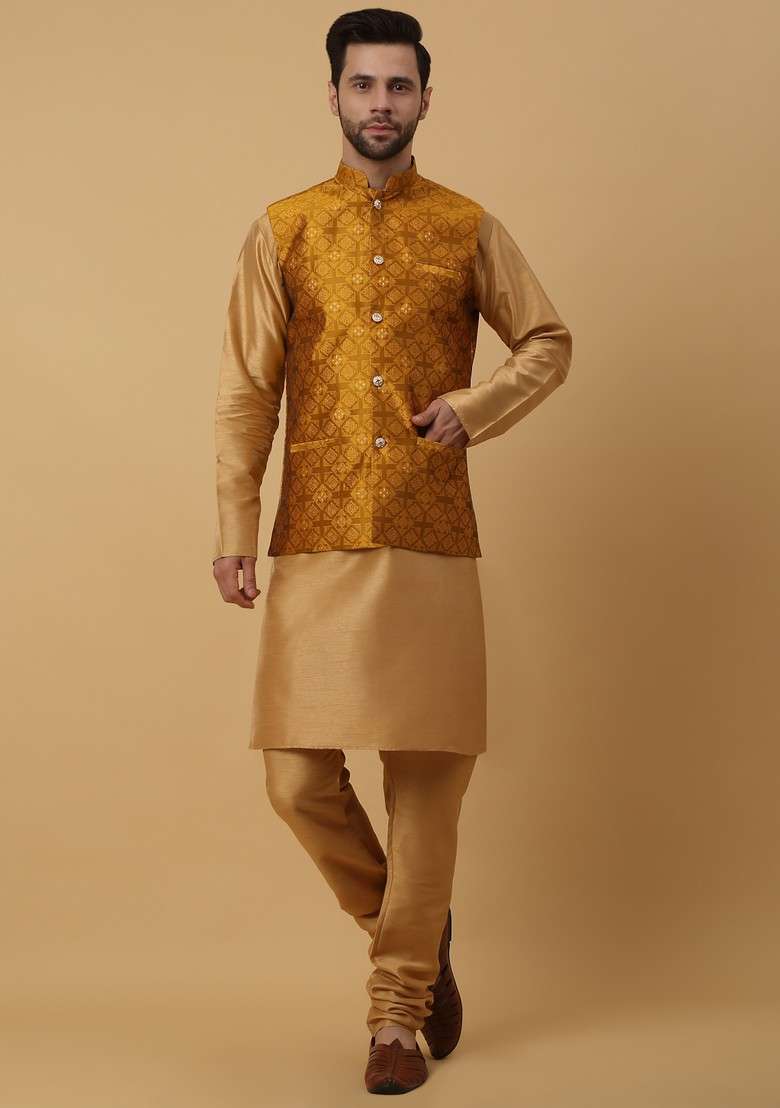 Gold And Mustard Embroidered Silk Blend Nehru Jacket Set For Men - Indya