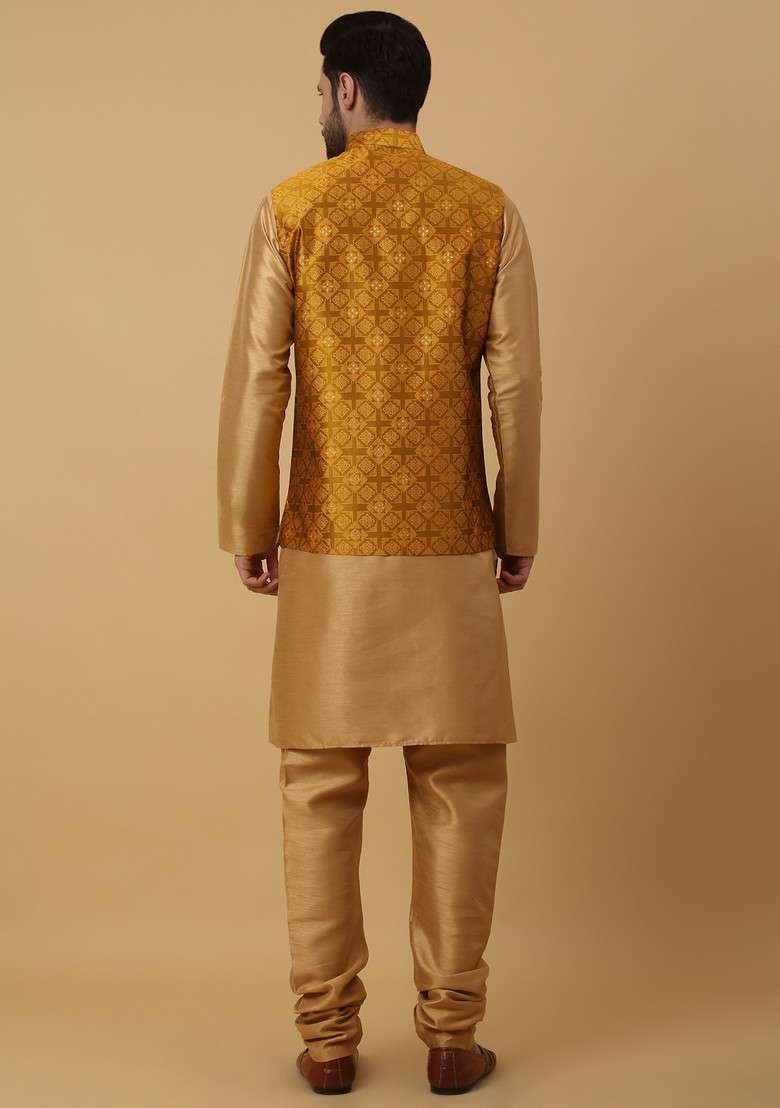 Gold And Mustard Embroidered Silk Blend Nehru Jacket Set For Men - Indya