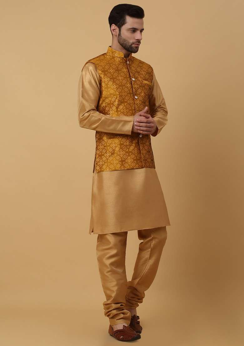 Gold And Mustard Embroidered Silk Blend Nehru Jacket Set For Men - Indya