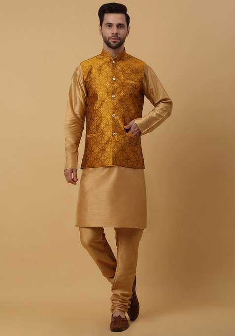 Gold And Mustard Embroidered Silk Blend Nehru Jacket Set For Men