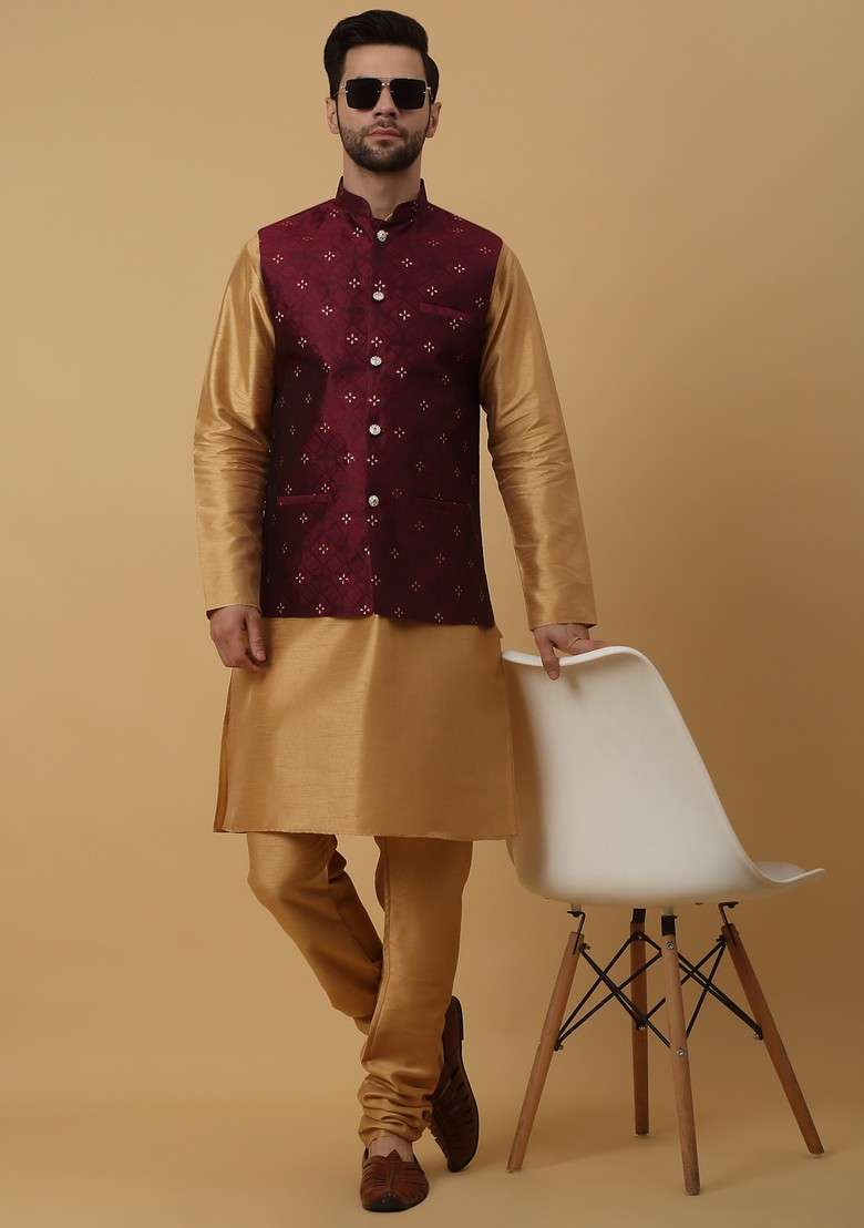 Gold And Wine Embroidered Silk Blend Nehru Jacket Set For Men - Indya