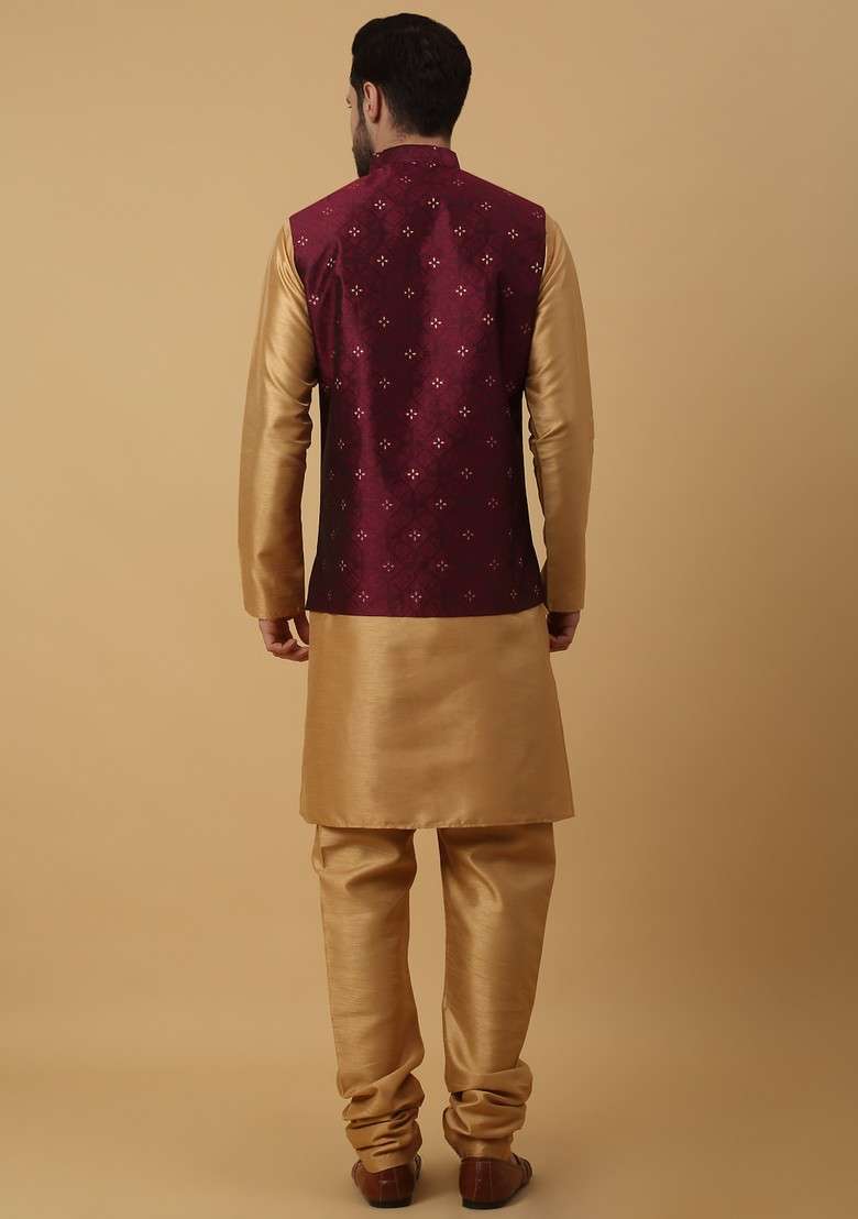 Gold And Wine Embroidered Silk Blend Nehru Jacket Set For Men - Indya