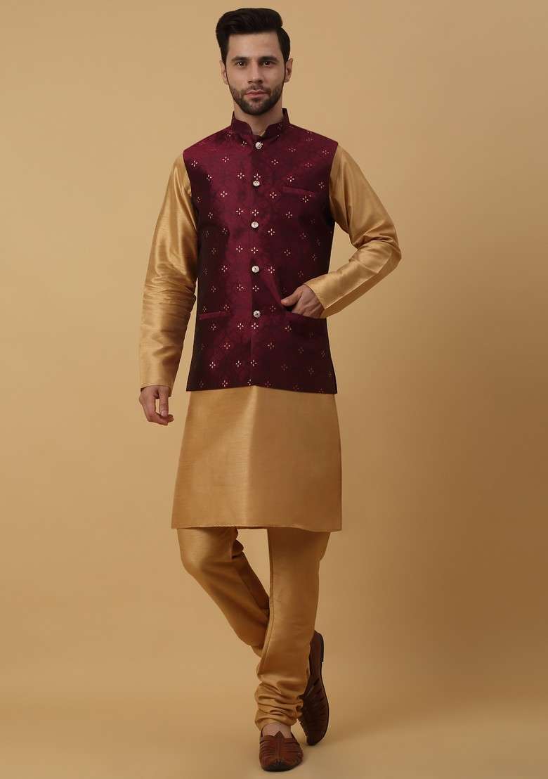 Gold And Wine Embroidered Silk Blend Nehru Jacket Set For Men - Indya