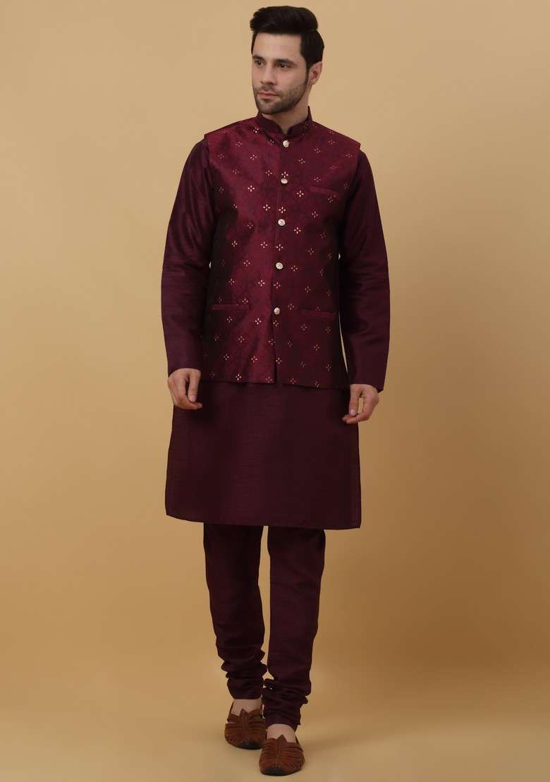 Purple And Wine Woven Design Silk Blend Nehru Jacket Set For Men - Indya