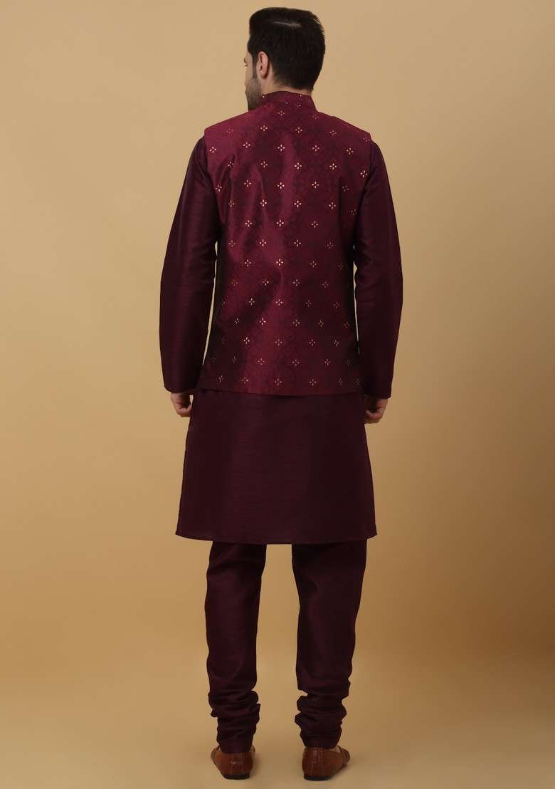 Purple And Wine Woven Design Silk Blend Nehru Jacket Set For Men - Indya