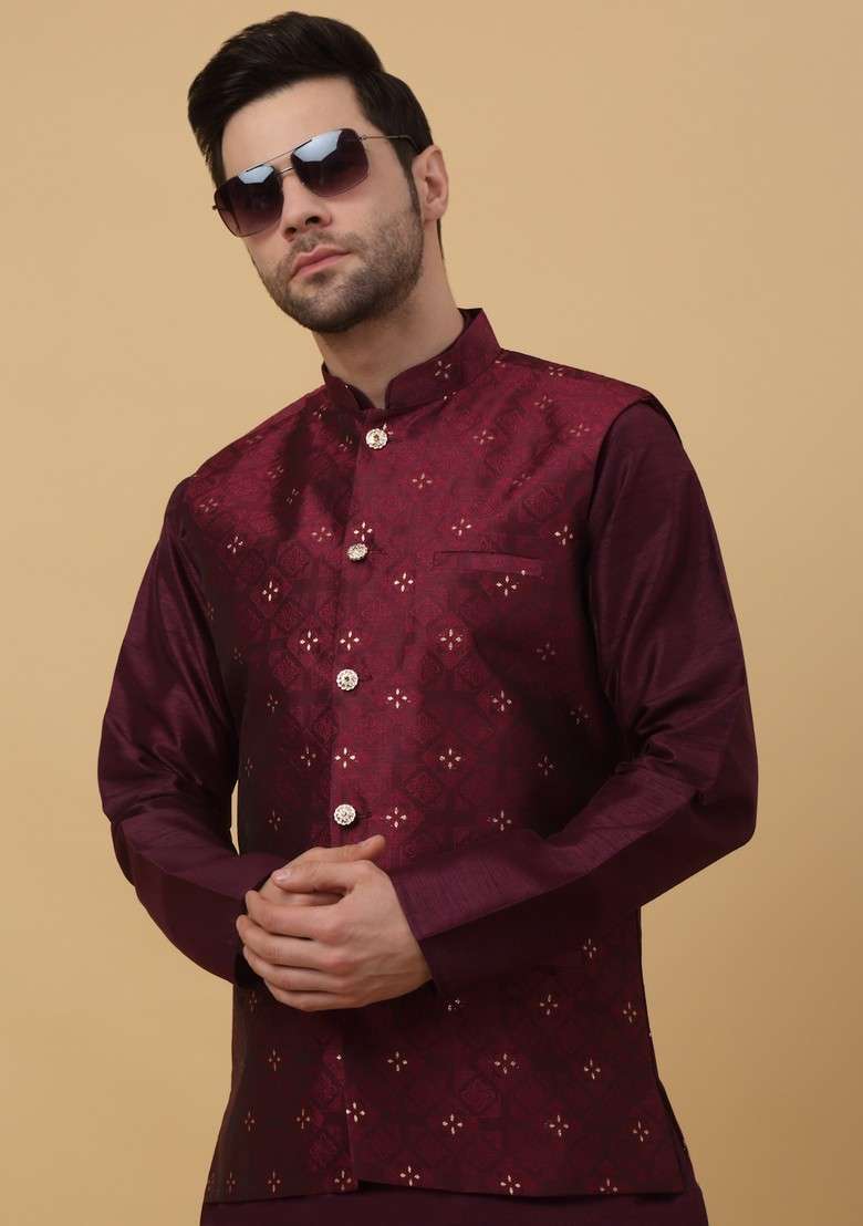 Purple And Wine Woven Design Silk Blend Nehru Jacket Set For Men - Indya