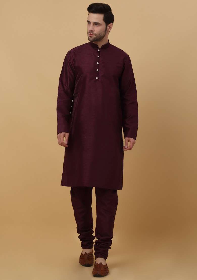 Purple And Wine Woven Design Silk Blend Nehru Jacket Set For Men - Indya