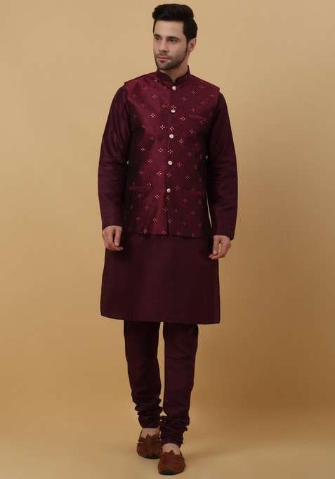 Purple And Wine Woven Design Silk Blend Nehru Jacket Set For Men