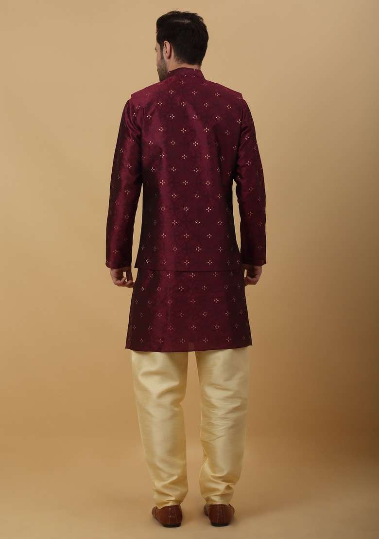 Maroon Woven Design Silk Blend Nehru Jacket Set For Men - Indya