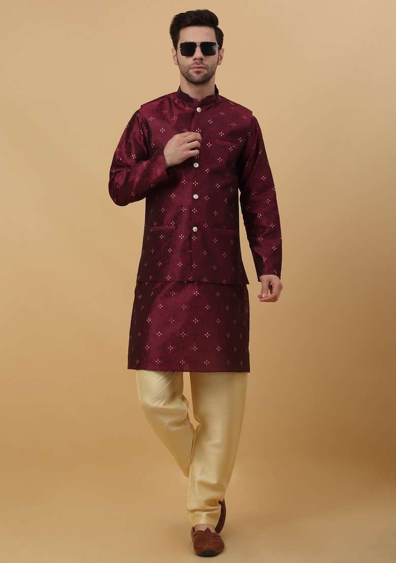 Maroon Woven Design Silk Blend Nehru Jacket Set For Men - Indya