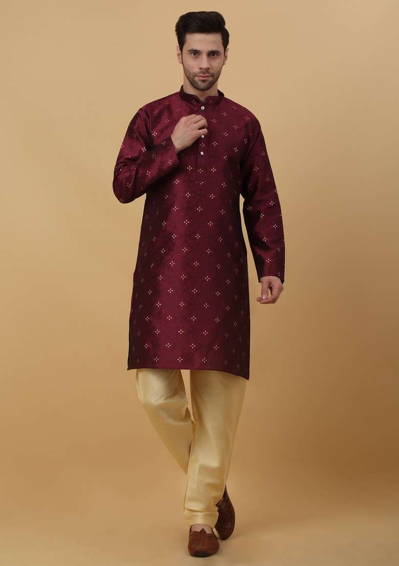 Maroon Woven Design Silk Blend Nehru Jacket Set For Men - Indya