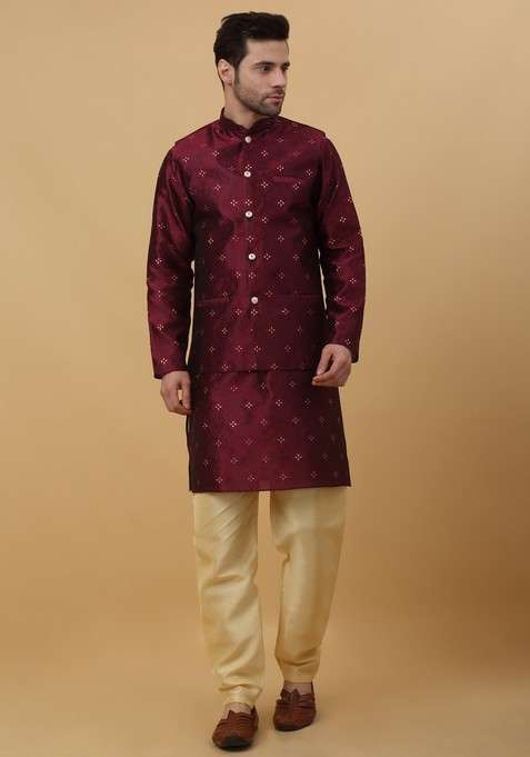 Maroon Woven Design Silk Blend Nehru Jacket Set For Men