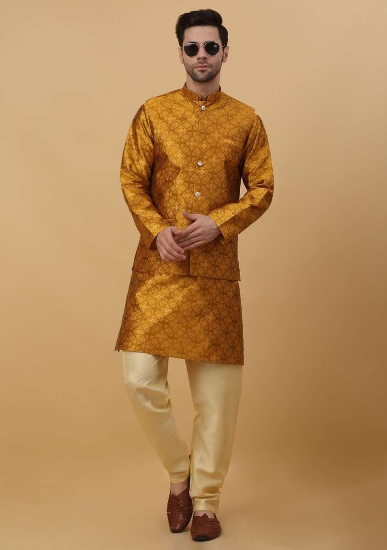 Mustard Yellow Woven Design Silk Blend Nehru Jacket Set For Men - Indya