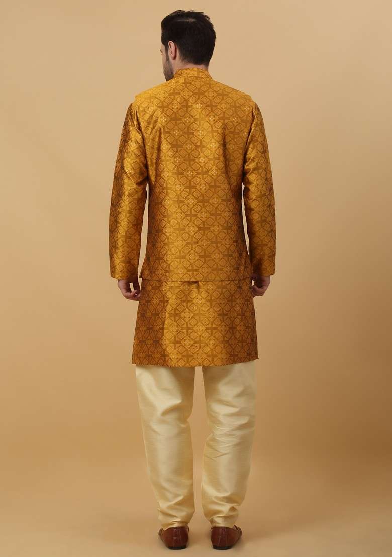 Mustard Yellow Woven Design Silk Blend Nehru Jacket Set For Men - Indya