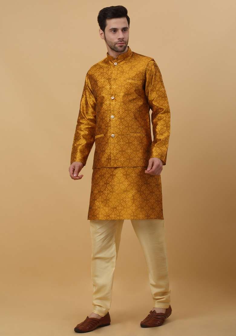 Mustard Yellow Woven Design Silk Blend Nehru Jacket Set For Men - Indya