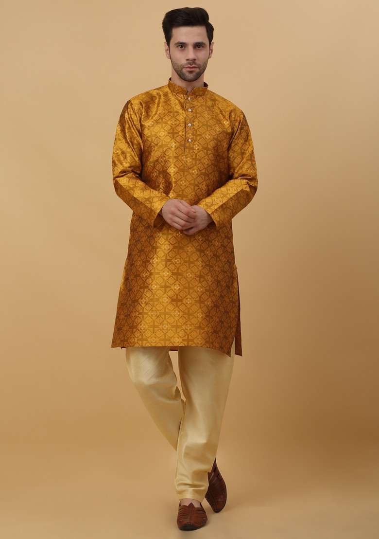 Mustard Yellow Woven Design Silk Blend Nehru Jacket Set For Men - Indya