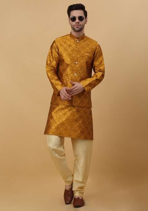 Mustard Yellow Woven Design Silk Blend Nehru Jacket Set For Men