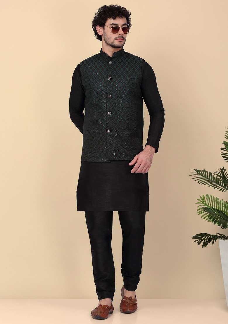 Black And Green Embroidered Silk Blend Nehru Jacket Set For Men - Indya