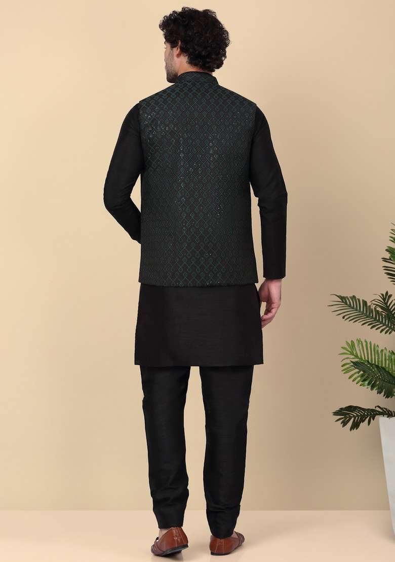 Black And Green Embroidered Silk Blend Nehru Jacket Set For Men - Indya