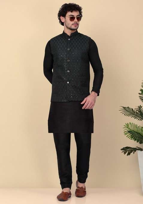 Black And Green Embroidered Silk Blend Nehru Jacket Set For Men