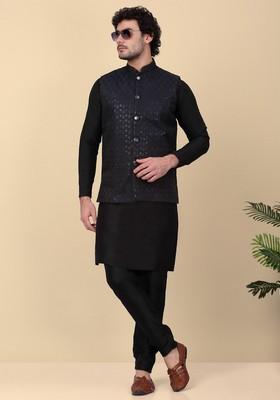 Black And Navy Blue Embroidered Silk Blend Nehru Jacket Set For Men