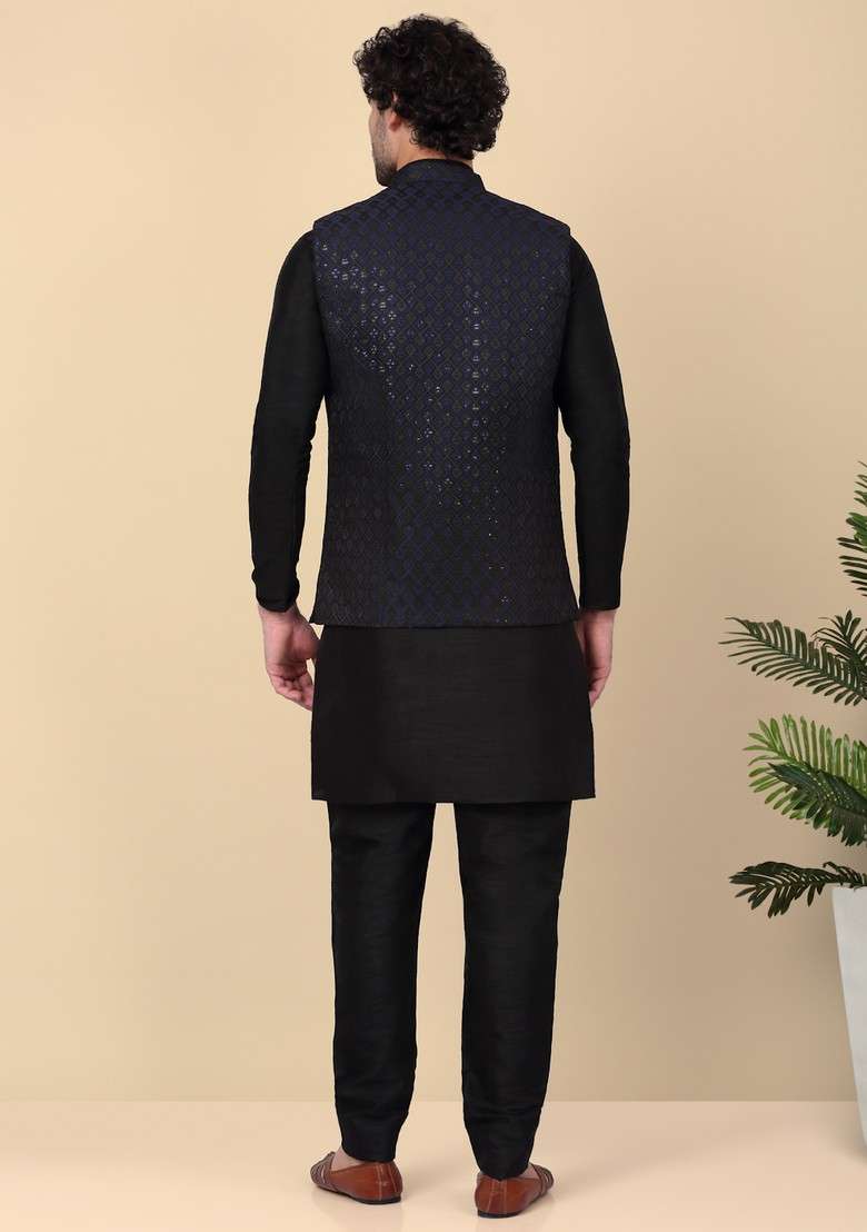 Black And Navy Blue Embroidered Silk Blend Nehru Jacket Set For Men - Indya