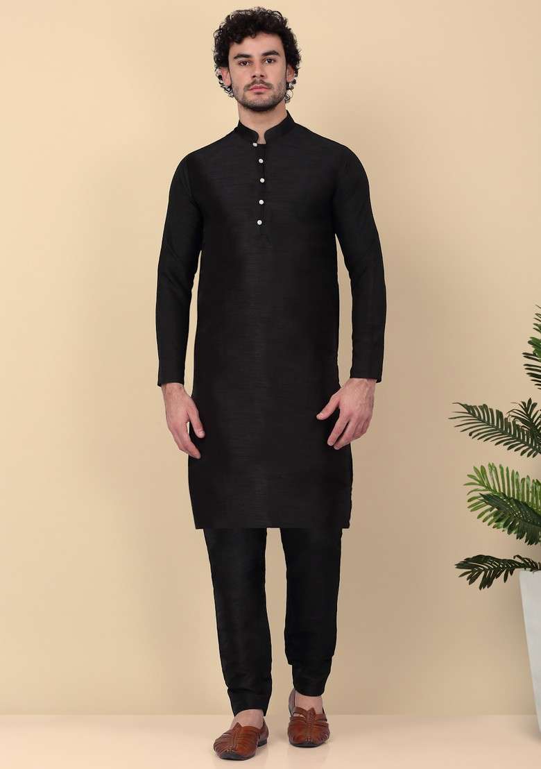 Black And Navy Blue Embroidered Silk Blend Nehru Jacket Set For Men - Indya